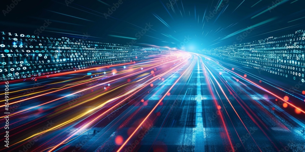 A digital background with blue and white lights moving fast, representing the speed of data transfer in technology. A digital background with blue and white lights moving fast, representing the speed of data transfer in technology.
