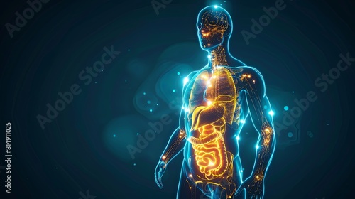 An illustration of the human body showing the skeletal system and the nervous system. photo