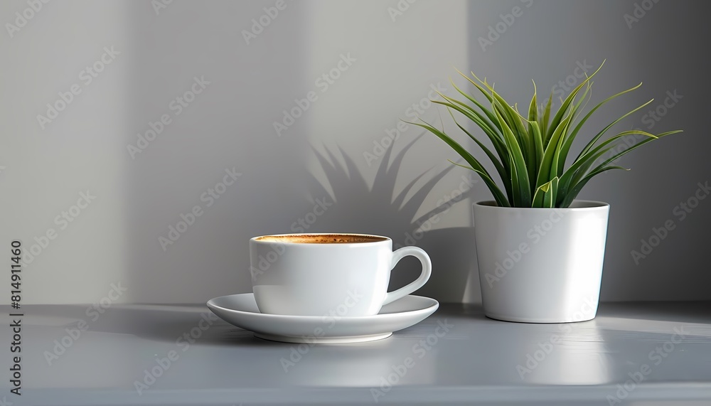 A cup of coffee and a potted plant on a table. The coffee cup is white and the plant is green. The table is grey. The background is a light grey wall.
