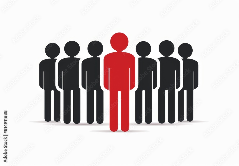 One red figure stands out from grey figures in a vector icon on a white background. One red figure stands out from grey figures in a vector icon on a white background.