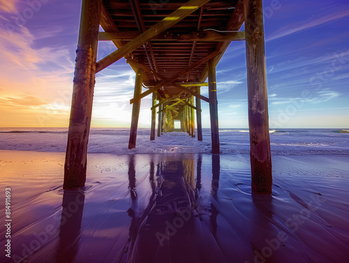 A pier with a wooden walkway leading to the ocean