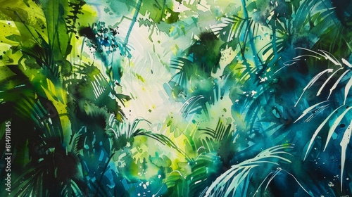 A bold and expressive splash of watercolor using rich greens and blues  capturing the energy and mystery of a jungle scene