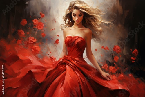 Graceful woman in a vibrant red gown surrounded by floating petals, artistic portrait © juliars