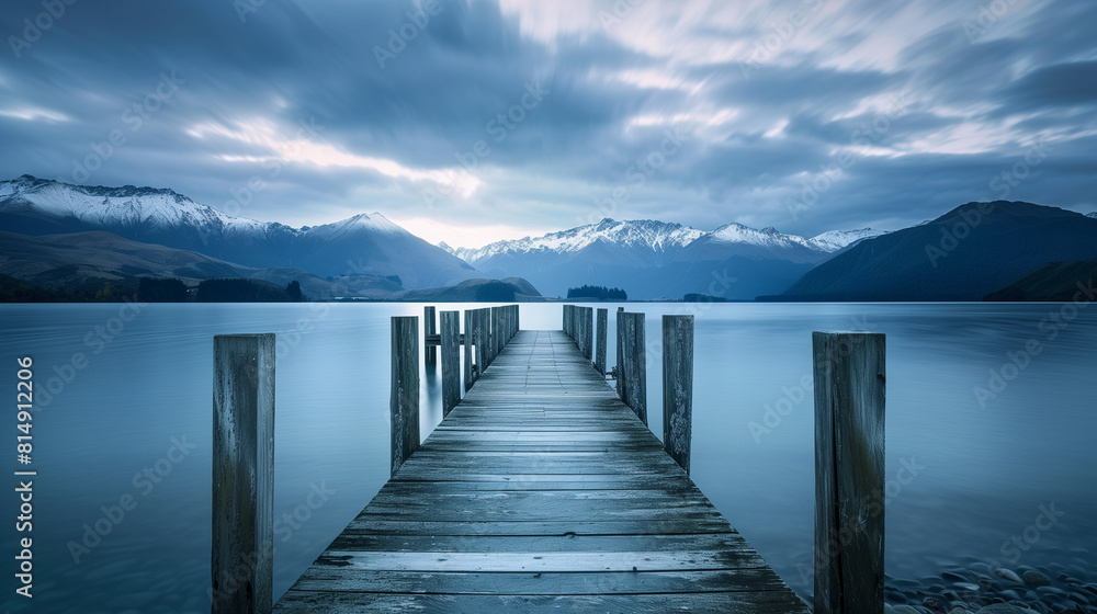 Fototapeta premium Wooden dock in a lake in the mountains, long exposure