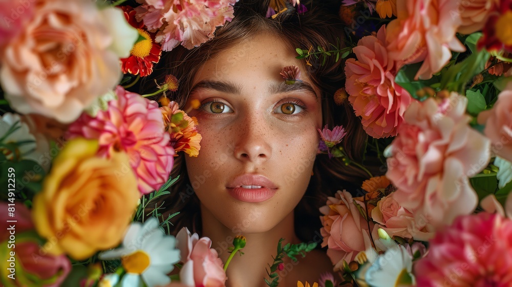 Portrait of a smiling woman with flowers and a bouquet in a studio, exuding beauty and happiness in a spring or summer setting Portrait of a smiling woman with flowers and a bouquet in a studio, exuding beauty and happiness in a spring or summer setting