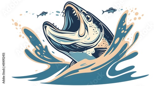 Powerful and Fierce Fish Leaping from Waves with Gaping Mouth Graphic Logo