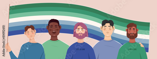 People holding Trans-Inclusive Gay Men's Pride Flag. Horizontal social media cover banner in support of LGBTQ. Vector illustration in flat style.