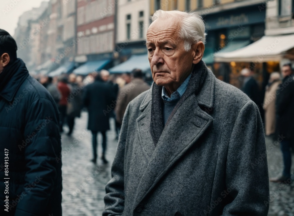 Elderly man standing in a busy street Elderly man standing in a busy street
