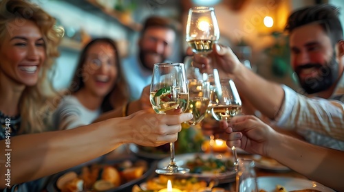 A group of friends are toasting with wine glasses.