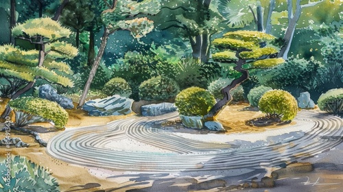 Wallpaper Mural A peaceful watercolor scene of a Zen garden with raked gravel and meticulously trimmed green trees  Torontodigital.ca