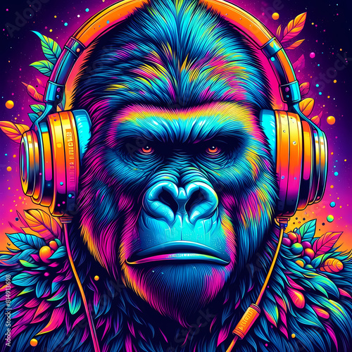 Digital art vibrant colorful gorilla with headphones listening to music © The A.I Studio