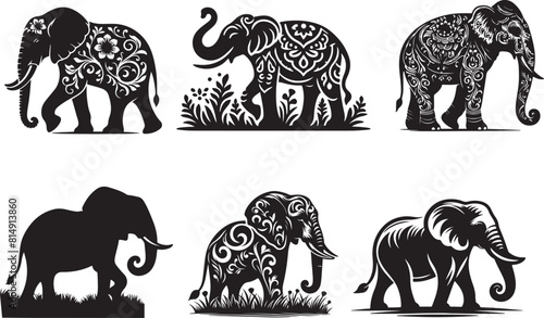 Elephant set black silhouette vector illustration white background - Generative AI