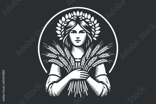 Beautiful Slavic Ukrainian young woman wearing a wreath with ears of wheat. Black on white. Engraving vector illustration, emblem, logo