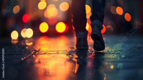A blurry image of a person walking in the rain with a reflection of their feet in the water