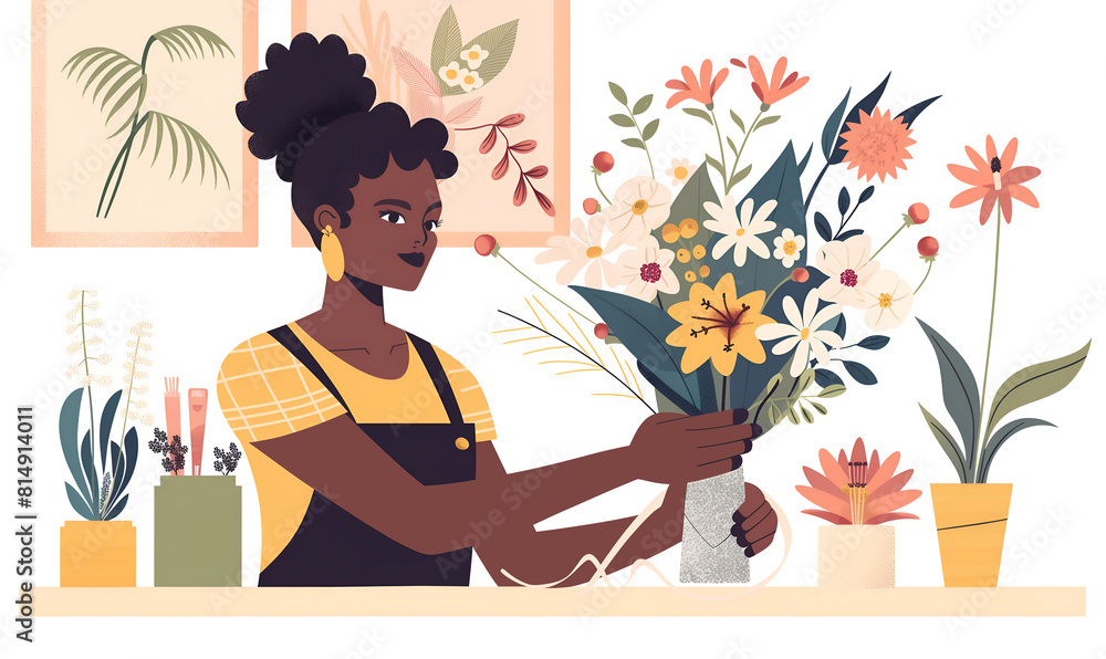 Florist African American woman making bouquet of flowers in flower shop. Vector illustration in flat style, AI generated Florist African American woman making bouquet of flowers in flower shop. Vector illustration in flat style, AI generated