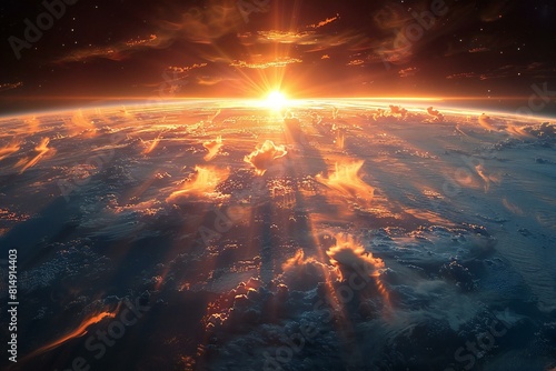 World view from space with sun rising out of the skyline of sunbeams