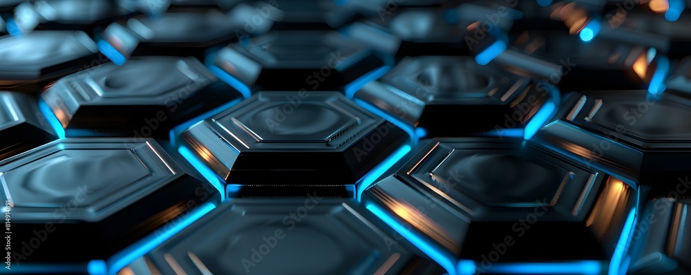 3d render of dark grey hexagons with blue neon lights on the edges, low perspective, octane rendering, metallic texture, high resolution photography
3d render of dark grey hexagons with blue neon lights on the edges, low perspective, octane rendering, metallic texture, high resolution photography