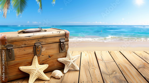 Summer travel beach theme background.  Aged chest and starfish on wooden pier against ocean background.