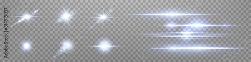 Blue lens flares set. Sun flash with rays or spotlight and bokeh. Glow flare light effect. Isolated on transparent background. Vector illustration.