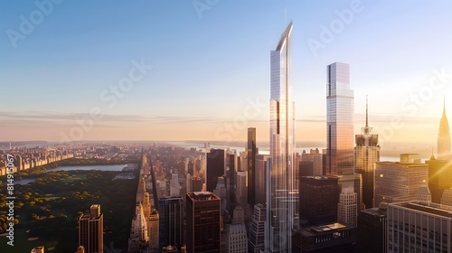 Urban skyline at sunrise with glowing light. Modern cityscape with skyscrapers. Aerial view of a bustling metropolis. Contemporary architecture under morning sky. AI