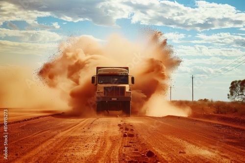 A photo of an open truck driving on a red dirt road in the outback, splashing dust and debris behind it, in Australia. The photo is in the style of an Australian landscape photographer. 