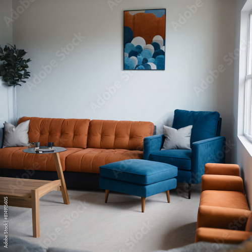 Blue sofa and terra cotta lounge chair against wall with two art posters Minimalist home interior design of modern living room