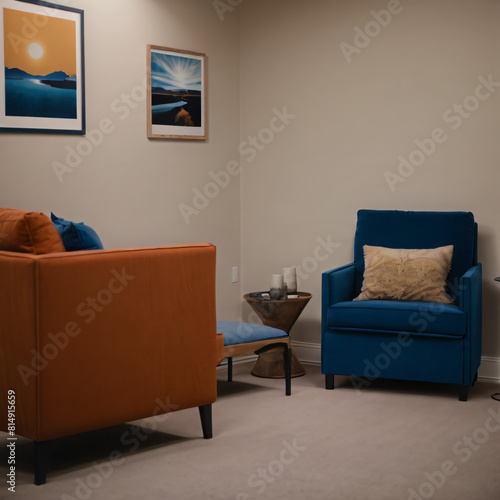 Blue sofa and terra cotta lounge chair against wall with two art posters Minimalist home interior design of modern living room