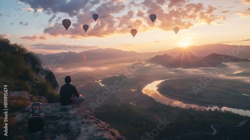 Serene sunrise over a scenic valley with hot air balloons. A tranquil view  perfect for travel and nature themes. Captivating outdoor adventure. AI