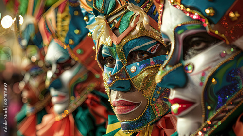 close up of a carnival mask, close up of a carnival scene in the brazil, face with carnival mask, colored faces © Gegham