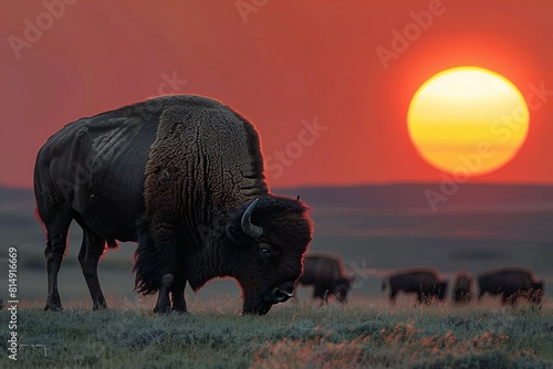 Bison at sunset in Yellowstone National Park, Wyoming, USA photo