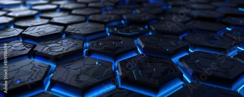 3d render of dark hexagons with blue light on the edges, high resolution 
 photo