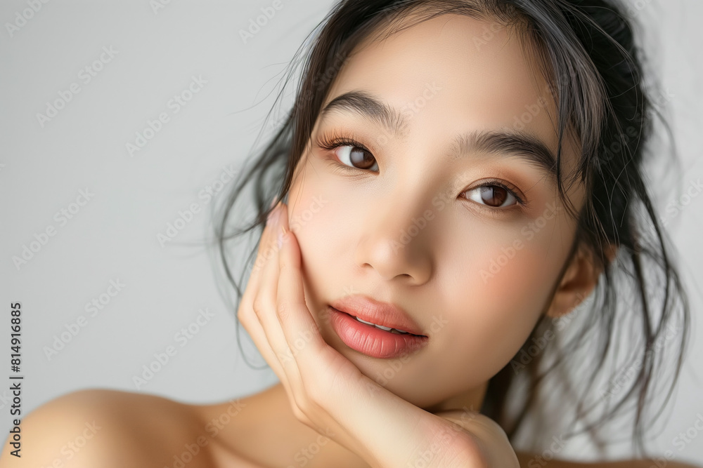 Charming Asian woman with a dreamy gaze, hand on cheek, showcasing her soft, natural beauty Charming Asian woman with a dreamy gaze, hand on cheek, showcasing her soft, natural beauty