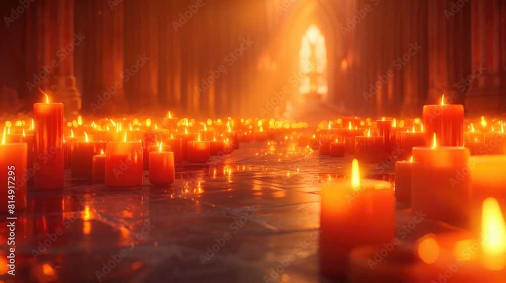 Illuminated church hall with numerous candles Illuminated church hall with numerous candles