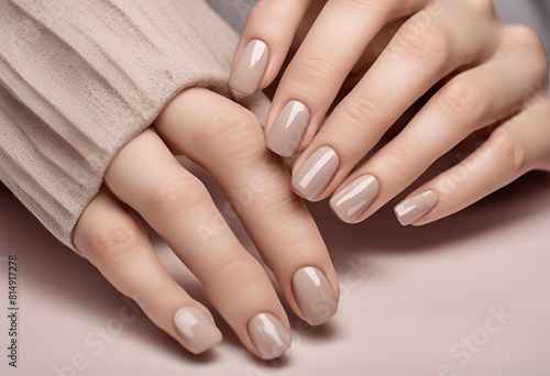  Close-up of woman s hands showcasing elegant neutral colors manicure. Beautiful natural-looking gel polish manicure on square nails