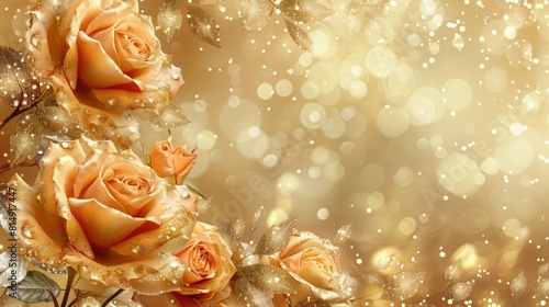 Fototapeta Naklejka Na Ścianę i Meble -  Golden roses blooming on a golden background