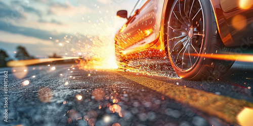 the car is driving on the road without tires, there are sparks photo