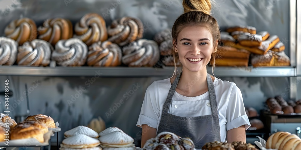 Obraz premium Female baker entrepreneur in her bakery coffee shop running a small business. Concept Baking Skills, Entrepreneurship, Coffee Shop Ambiance, Small Business Management, Female Empowerment