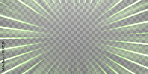Radial speed rays, light neon flow, zoom in motion effect, green glow speed lines, colorful light trails, perspective stripes. Abstract background, vector illustration.