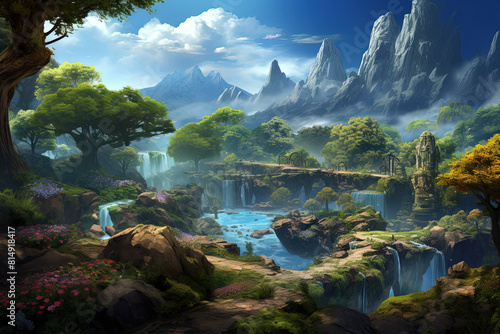 Verdant valley and cascading waterfalls. photo