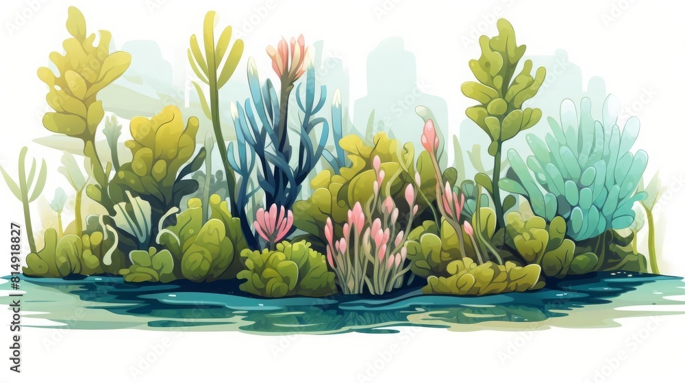 Obraz premium Botany algae cultivation flat design front view aquatic farming theme water color Triadic Color Scheme