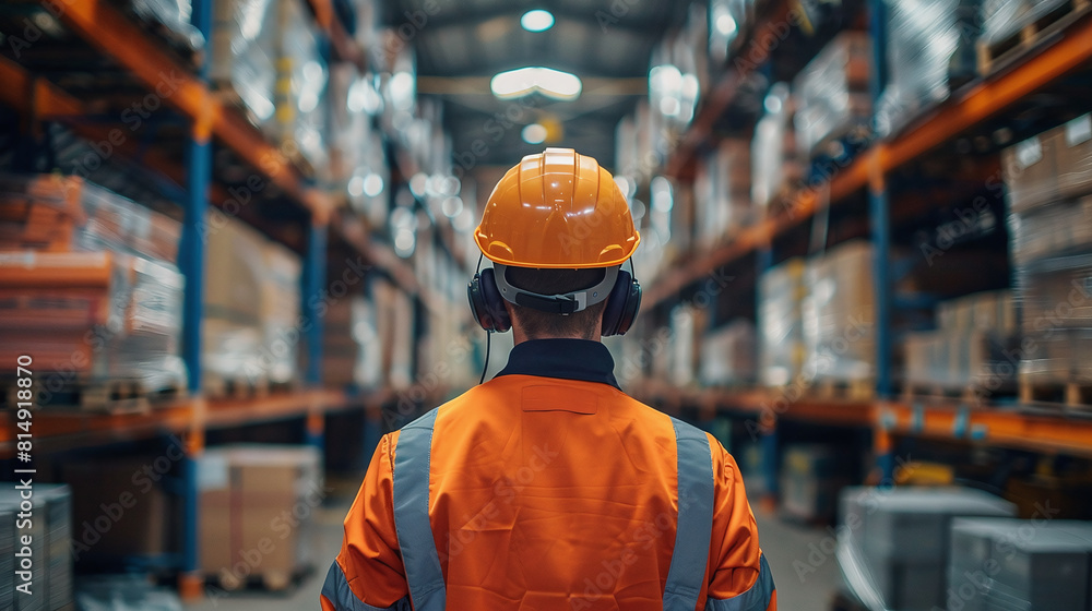 Worker wearing safety headphones indoors. ai generative. Worker wearing safety headphones indoors. ai generative.