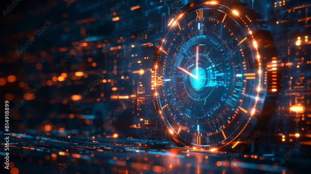 Obraz premium A digitally stylized neon clock displaying a dartboard design amidst a sparkling blue technological backdrop.