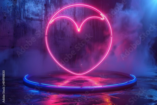 Depicting a blue and pink neon circular stand with a pink and purple light