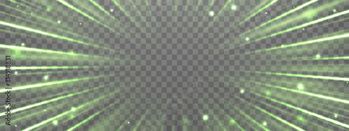 Radial speed rays, light neon flow, zoom in motion effect, green glow speed lines, colorful light trails, perspective stripes. Abstract background, vector illustration.