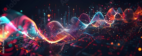 Abstract digital data visualization of sound waves, musical notes and spectrum curves with glowing dots on dark background photo