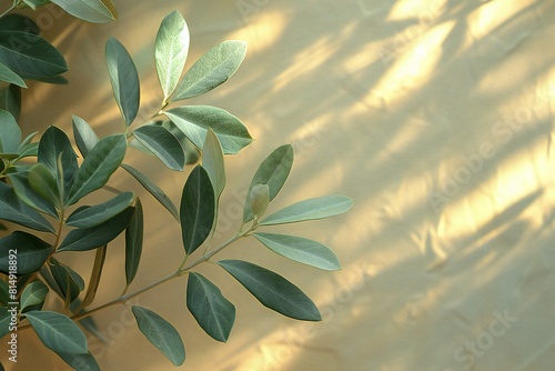 Olive leaves in sunlight against beige wall, high quality, high resolution