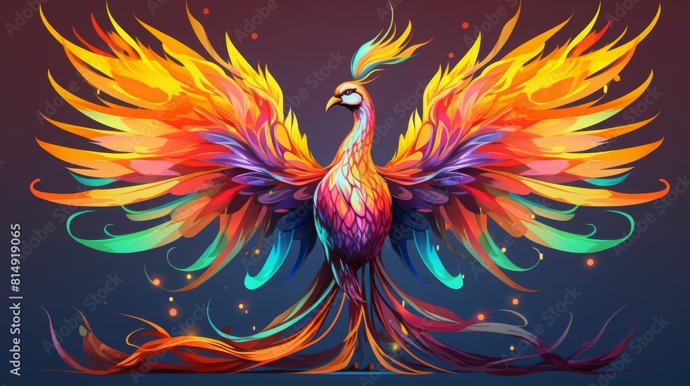 Fototapeta premium Fantasy phoenix aviary flat design side view rebirth sanctuary theme cartoon drawing vivid