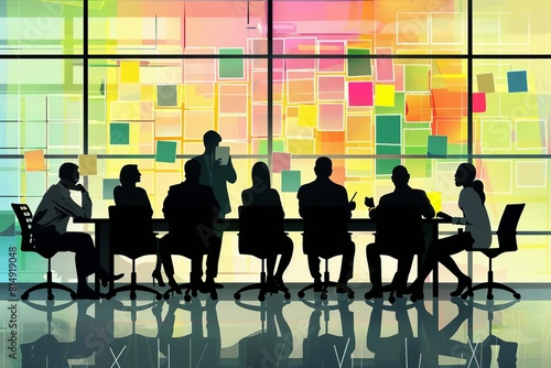 A group of people are sitting in a conference room having a meeting. The room is decorated with colorful abstract paintings.