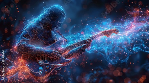 A luminous, neon-lit guitarist caught in the midst of a performance, rendered in a digital, futuristic art style, set against a deep blue backdrop with floating particles.