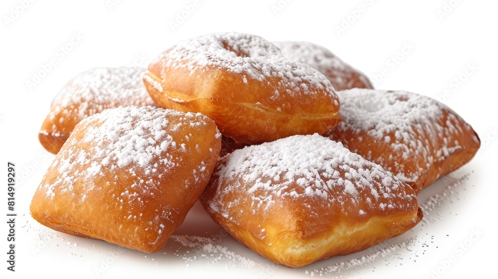 Realistic close-up of Beignets isolated on a white background cafe style theme water color vivid
